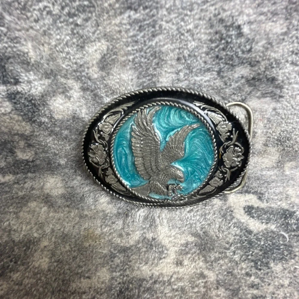Vtg 1991 Siskiyou Flying Eagle Belt Buckle Silver Turquoise Enamel Metal